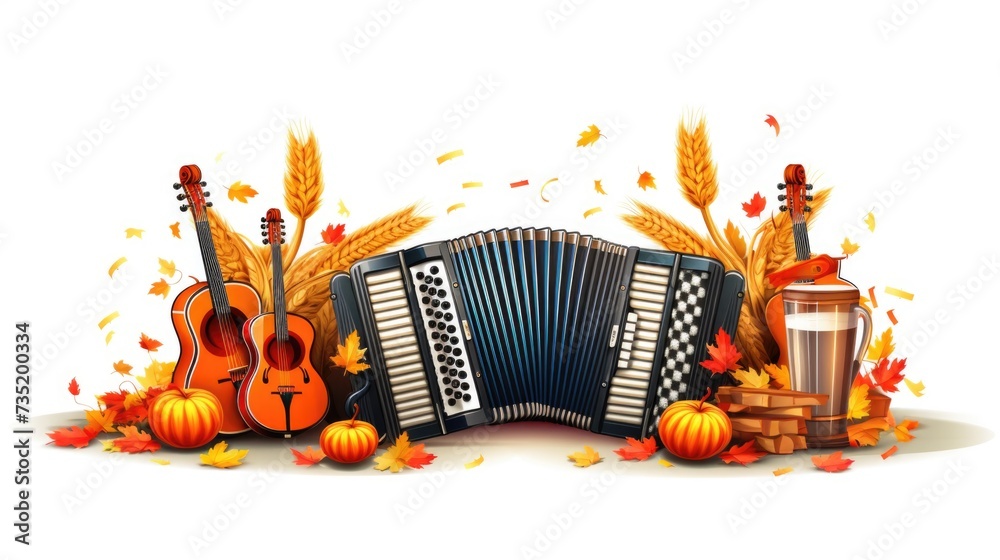 Poster various musical instruments including an accordion, a barrel of beer, and others on a clean white ba
