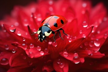 ladybug on red flower with water drops closeup macro photo, Ladybug on flower petal with water drops, Ai generated