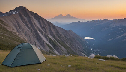 Mountain sunset camping tent