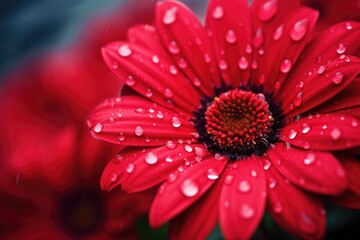 Red flower with water drops closeup macro photo, Ladybug on flower petal with water drops, Ai generated