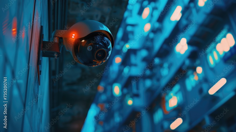 Poster A security camera mounted on the side of a building. Suitable for use in surveillance and security-related projects