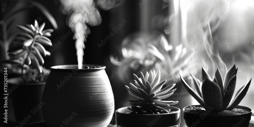 Aufkleber a black and white photo featuring three potted plants. suitable for various design projects and natu