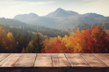 A picture of a wooden table with a majestic mountain in the background. Perfect for nature-themed designs or outdoor lifestyle concepts