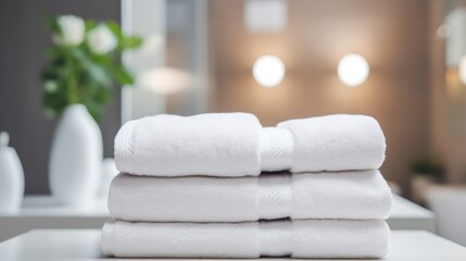 A stack of white bath towels lies on the left side of the frame in the bathroom. Blurred bathroom background