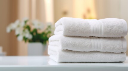 A stack of white bath towels lies on the left side of the frame in the bathroom. Blurred bathroom background