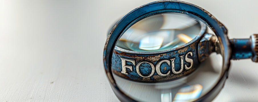 Conceptual magnifying glass focusing on the word 'FOCUS' isolated on a white background, symbolizing clarity, concentration, and attention