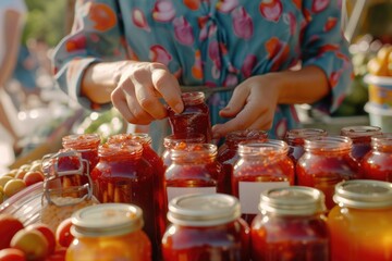 A woman is seen putting jam in jars on a table. This image can be used for food preservation or homemade jam recipes