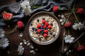 Obraz na płótnie Canvas Organic Muesli oats fruits topview. Fresh oat. Generate Ai