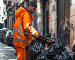 Municipal Waste Collector in High-Visibility Orange Outfit on Duty - obrazy, fototapety, plakaty