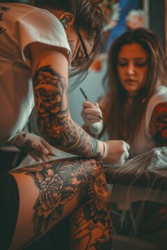 A woman is seen getting a tattoo on another woman's leg. This image can be used to showcase the process of getting a tattoo or to represent the art of tattooing.