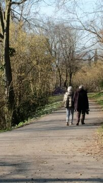 coppia di anziani che passeggia con il cane che li precede, passeggiando sul sentiero nel bosco in una giornata di sole in inverno
