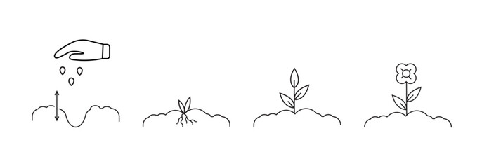To plant plants. Seedling. Set of vector linear icons. - obrazy, fototapety, plakaty