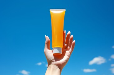 a woman's hand is holding a tube of sunscreen with a sky view