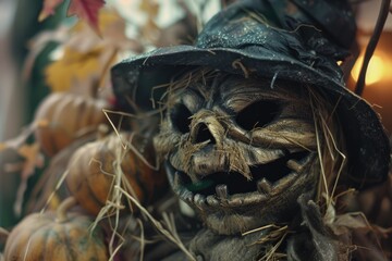 A close-up view of a scarecrow wearing a hat. Perfect for autumn and Halloween themes