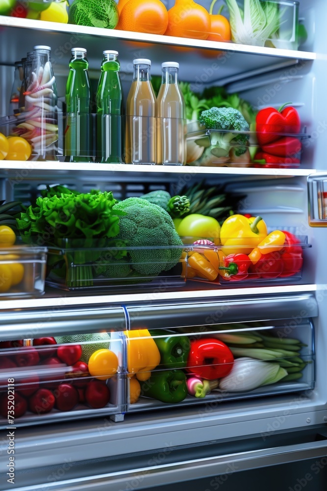 Poster A refrigerator filled with a wide selection of different types of food. This versatile image can be used to showcase the abundance of food options or to depict a well-stocked kitchen
