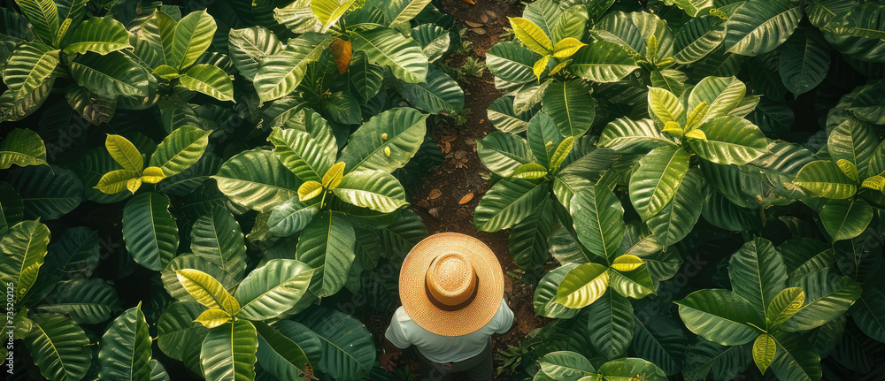 Wall mural overhead view of with coffee plantation and gardener. generative ai.