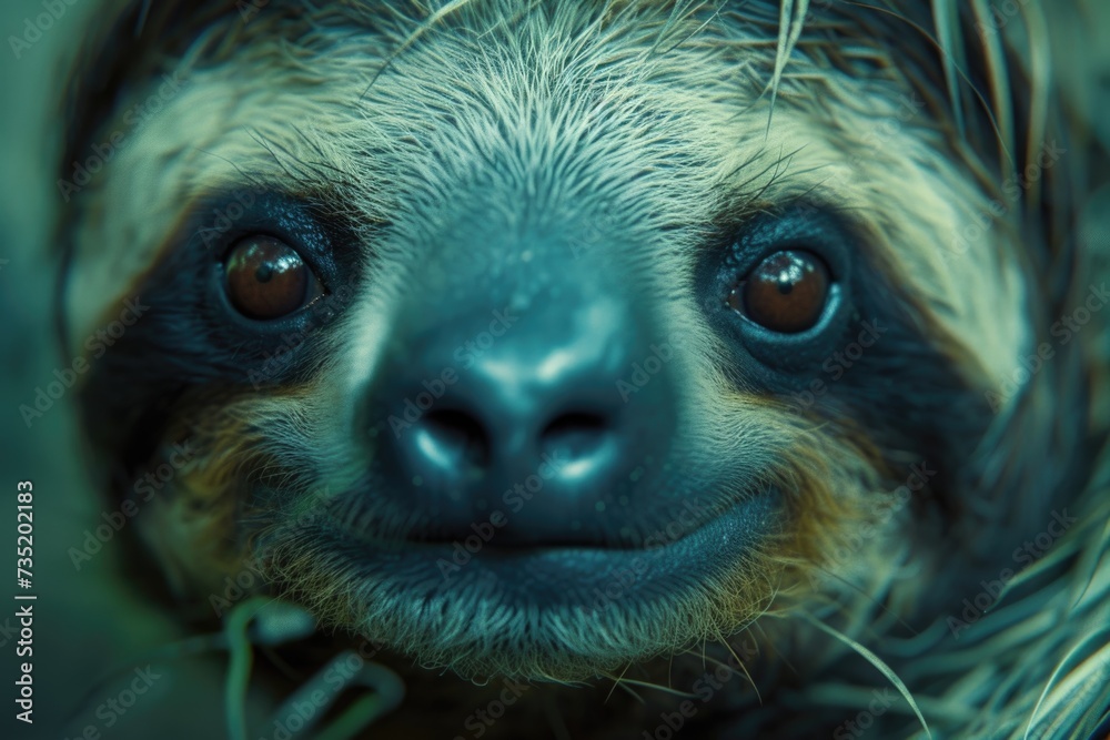 Aufkleber A close-up view of a sloth's face with a blurry background. This image can be used to depict the unique features and expressions of sloths in various projects