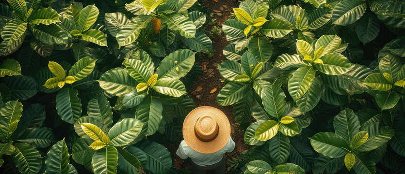 Overhead view of with coffee plantation and gardener. Generative AI.