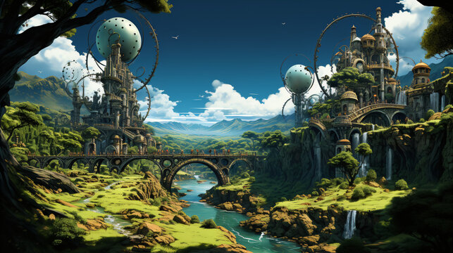 crazy steampunk landscape illustration