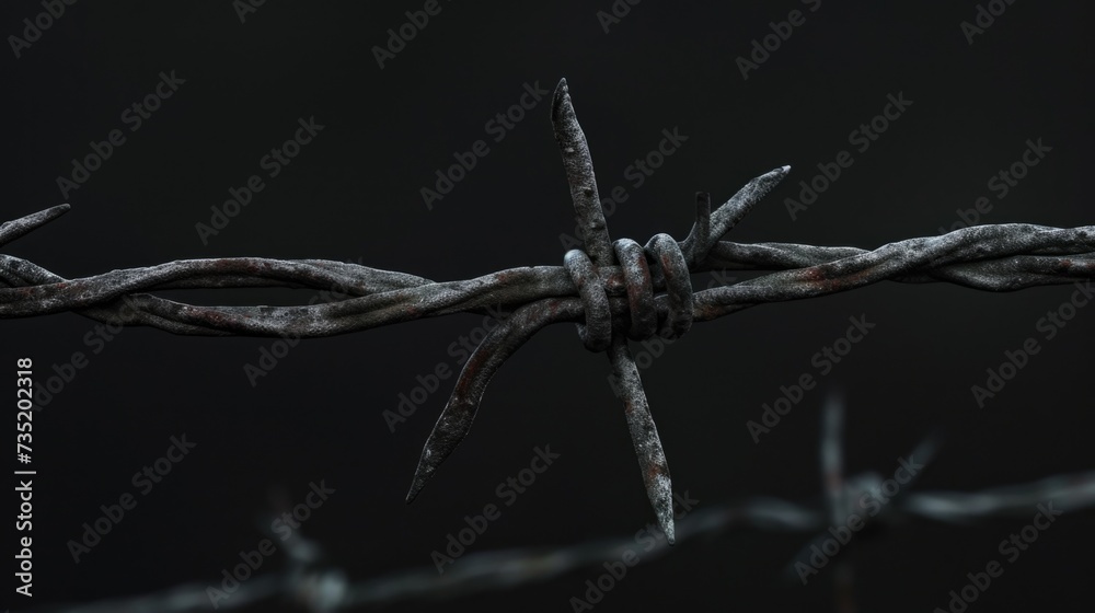 Poster a detailed view of a barbed wire fence. perfect for illustrating concepts of confinement, security, 