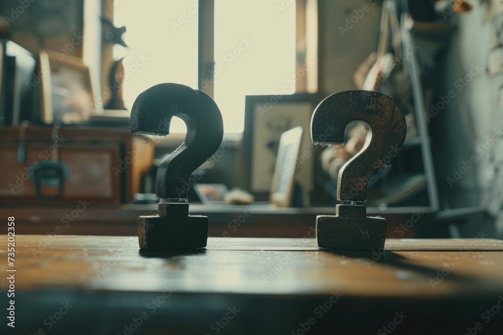 Poster A wooden table with a pair of question marks, representing uncertainty or confusion. Can be used to illustrate concepts of problem-solving, decision-making, or seeking answers