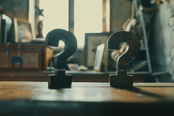 A wooden table with a pair of question marks, representing uncertainty or confusion. Can be used to illustrate concepts of problem-solving, decision-making, or seeking answers - obrazy, fototapety, plakaty