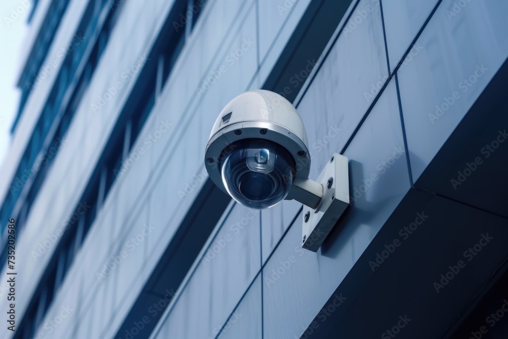 Poster A security camera mounted on the side of a building. Can be used to monitor and enhance security measures