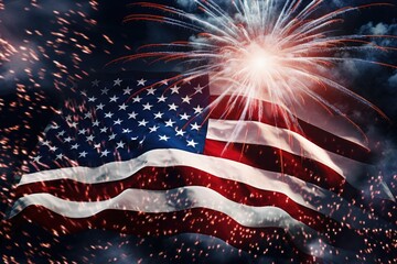 American flag waving proudly with vibrant fireworks in the background. Perfect for patriotic celebrations and Fourth of July events