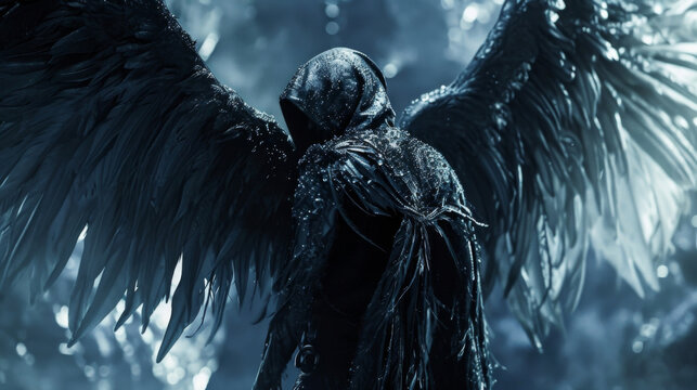 A dark and mysterious figure with feathered wings representing the fallen angels in Western folklore.