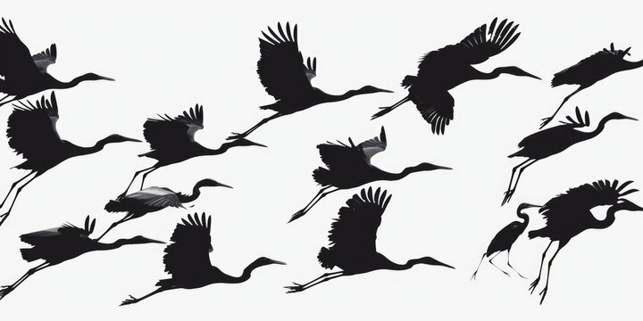 A flock of birds flying through the air. This image can be used to depict freedom, nature, or migration