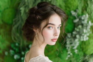 Fototapeta premium Elegant hairstyle on a woman against a green background
