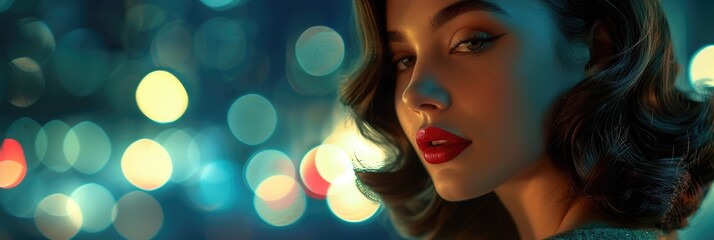 Fototapeta premium Stylish woman with curly hairstyle and cityscape