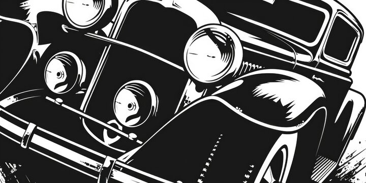 A black and white drawing of an old car. Perfect for vintage car enthusiasts or automotive design projects