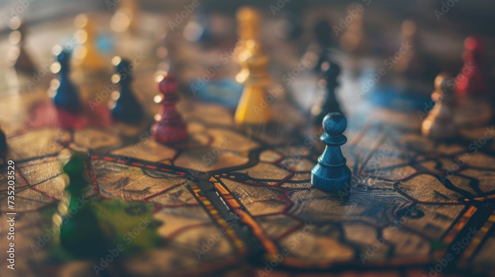 Poster a detailed view of a board game with numerous pieces. perfect for illustrating strategy and competit