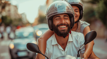 A smiling couple on a motorcycle in an urban setting, both wearing helmets, sharing an affectionate embrace.