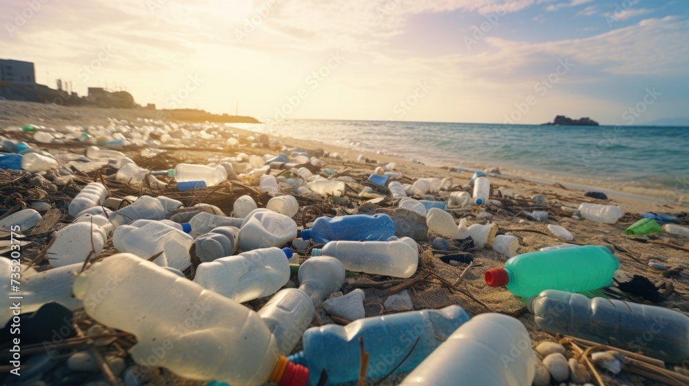 Aufkleber a beach completely covered in plastic bottles and trash. ideal for raising awareness about environme
