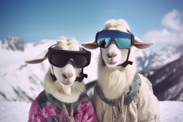 goat couple posing with ski equipment