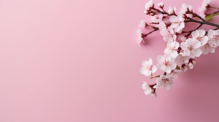 A stunning cherry blossom branch adorns the left side of a minimalistic light pink background, offering ample space for text.