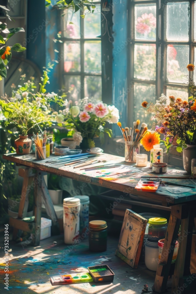 Poster A table adorned with a beautiful bunch of flowers. Perfect for adding a touch of elegance to any space