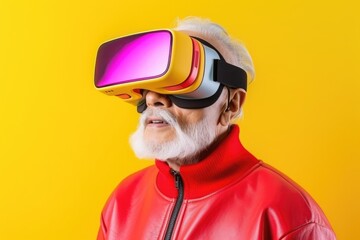 Fototapeta premium An elderly man in a red jacket with a white beard and virtual reality glasses. Studio shot on a yellow background