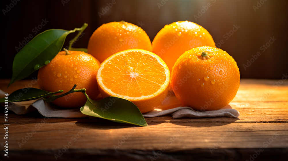 Wall mural a bunch of oranges with leaves on a table