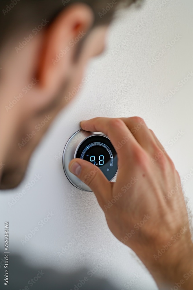 Aufkleber a man is seen adjusting a thermostat on a wall. this image can be used to showcase smart home techno