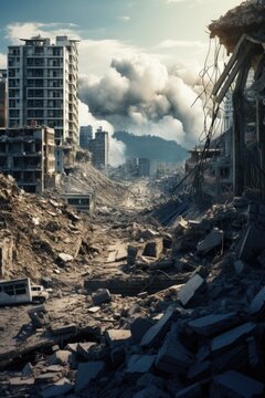 A picture showing a large pile of rubble next to a building. This image can be used to represent destruction, construction, renovation, or urban development projects