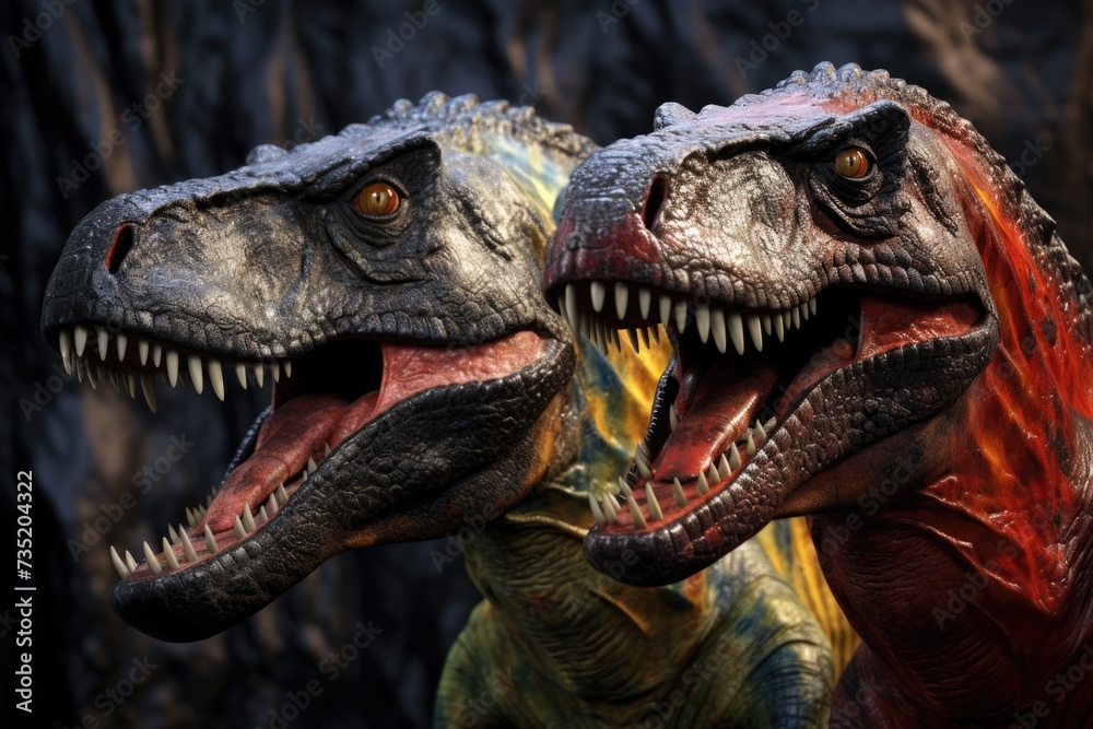 Poster a detailed close-up view of two dinosaurs with their mouths wide open. this image captures the feroc