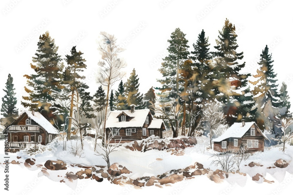 Poster a beautiful watercolor painting of a cabin nestled in the serene woods. perfect for adding a rustic 