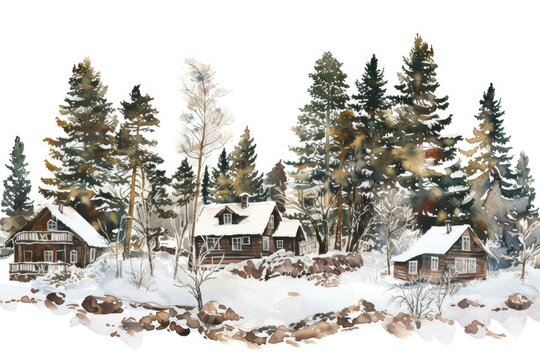 A beautiful watercolor painting of a cabin nestled in the serene woods. Perfect for adding a rustic touch to any space or for nature-inspired projects