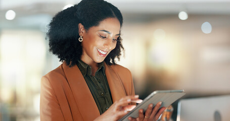 Businesswoman with tablet, smile and scroll, thinking and reading email, review or article at...