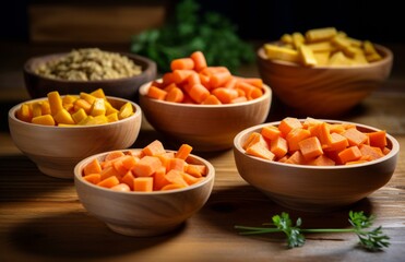 carrot slices in bowls on a wooden table