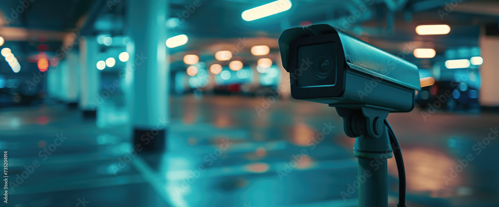Poster A security camera captures the activity in a parking garage at night. This image can be used to showcase security measures in urban environments