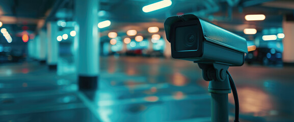 A security camera captures the activity in a parking garage at night. This image can be used to showcase security measures in urban environments